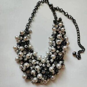 Premier Designs Black Metal Faux Pearl Rhinestone Cluster Necklace